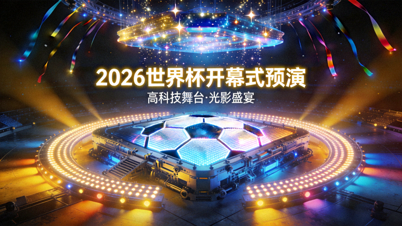 2026年世界杯开幕式预演效果图，展现高科技舞台与绚烂灯光
